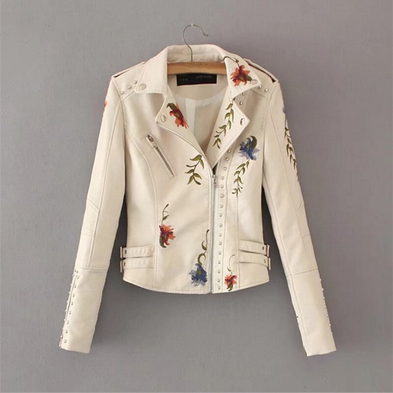 Euro Floral Embroidery Women Faux Leather Jacket Coat Lady Bomber Motorcycle Rivet Spliced Slim Short Jacket Outerwear: as picture / S