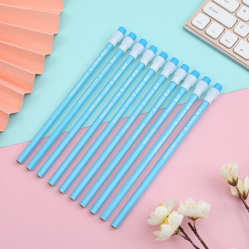 10 Stks/partij Schets Potlood Houten Lood Potloden Hb Potlood Met Gum Voor Kinderen Tekening Potlood School Schrijven Briefpapier Suppl: 10 pcs blue