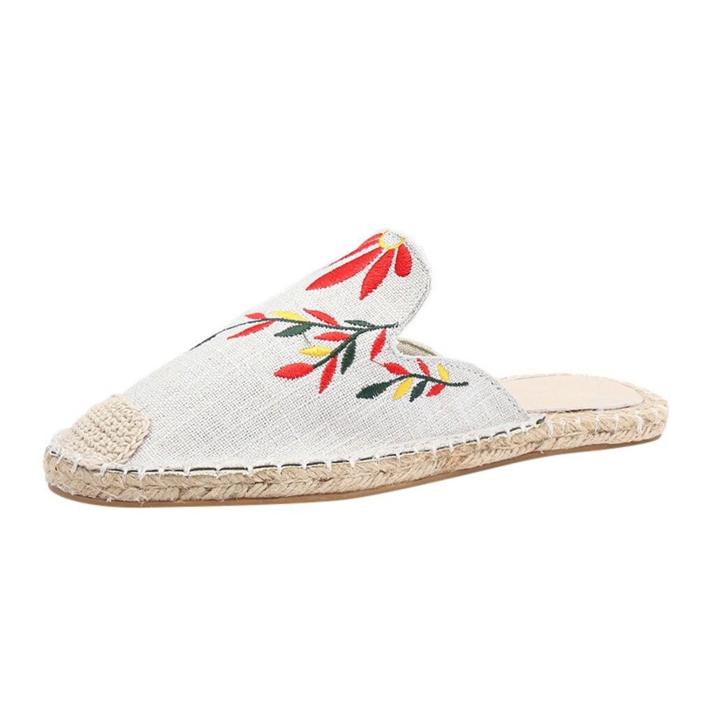 Sandales plates brodées pour femmes, chaussures décontractées à bout rond, pantoufles en paille brodées: white / 4