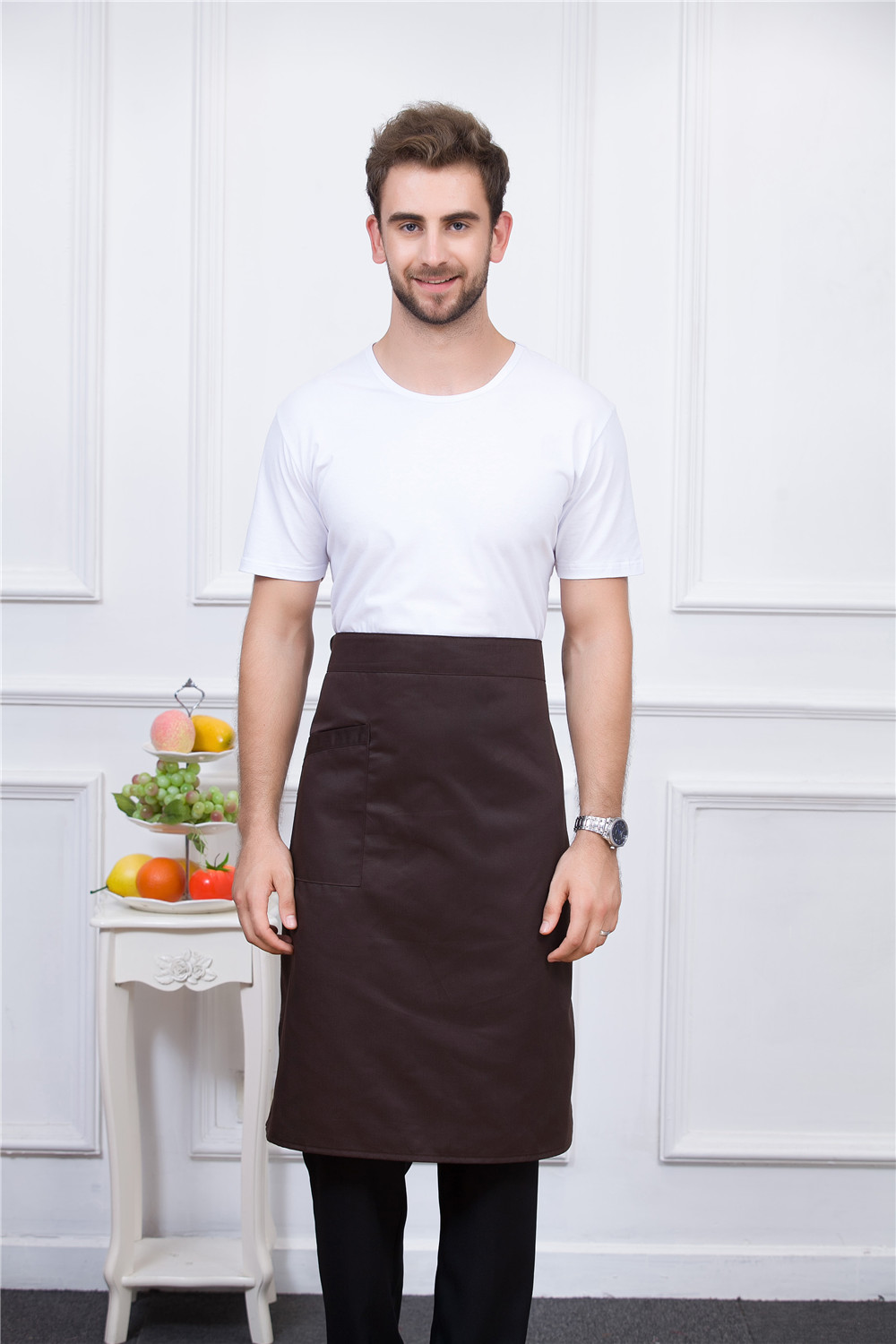 Flerfarget unisex kjøkken kaffebar baker kokk kelner matlaging arbeid slitasje matte serveringsforkle med en lomme: Brun