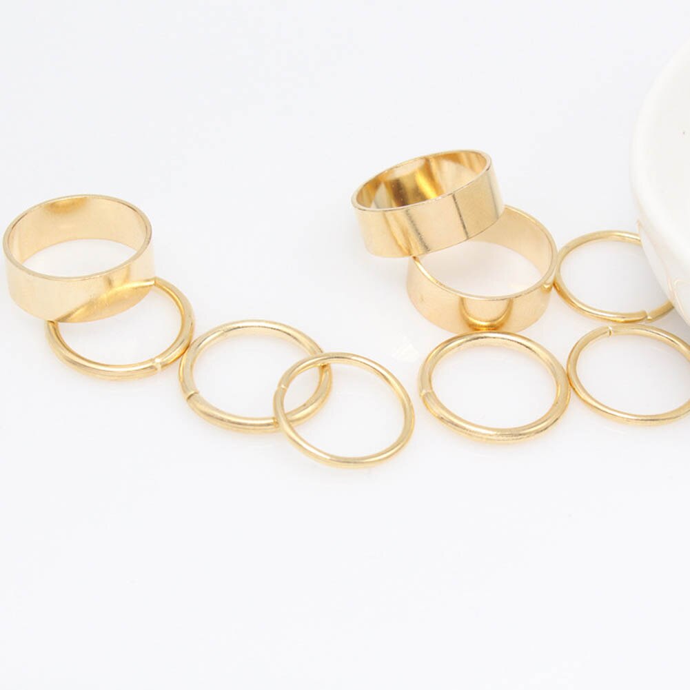 1 Set / 9 pcs Simple CLassic Smooth Wide Thin Ring Set Gold Silver Tone Ring Jewelry: Gd