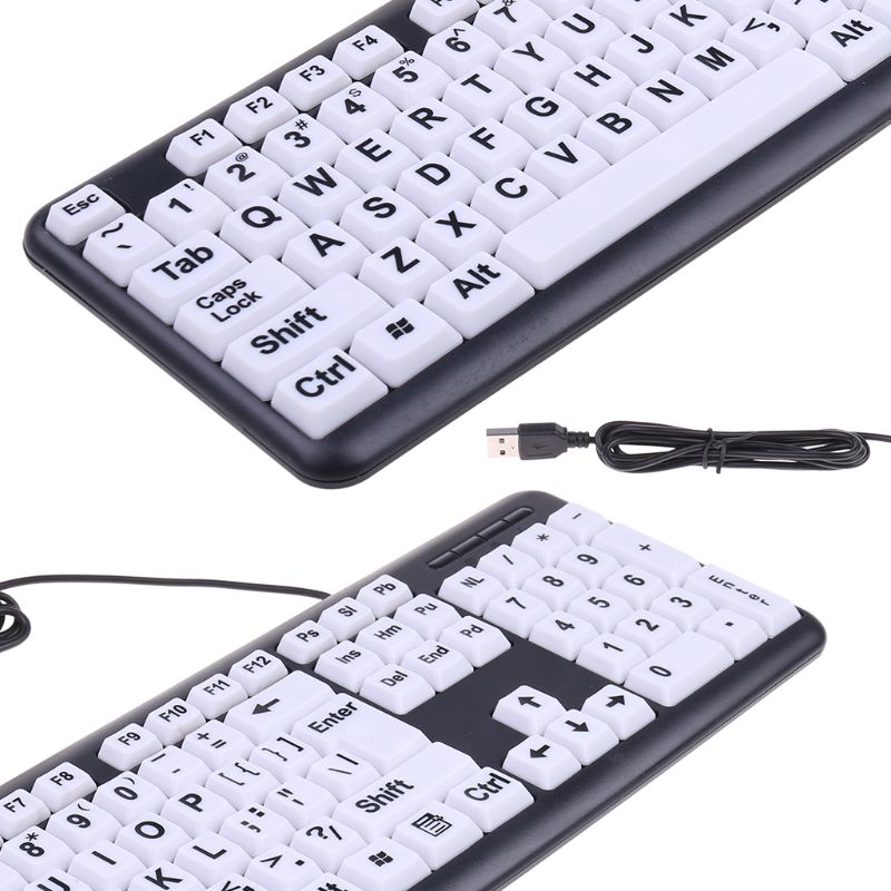USB Wired PC Computer Game Gaming Keyboard High Contrast Large Print White Keys Black Letter for Old People Elderly Men