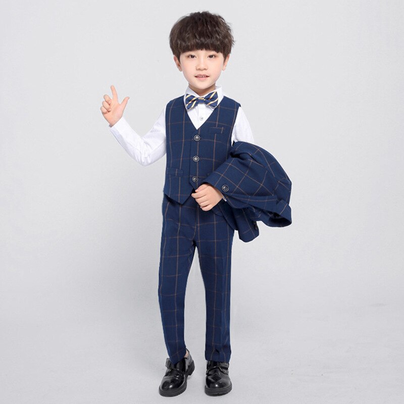 Formal Boys Slim Suits Sets Children Performance Party Wedding Costume Kids Boys Plaid Blazer Vest Trousers Bowtie Clothing Set