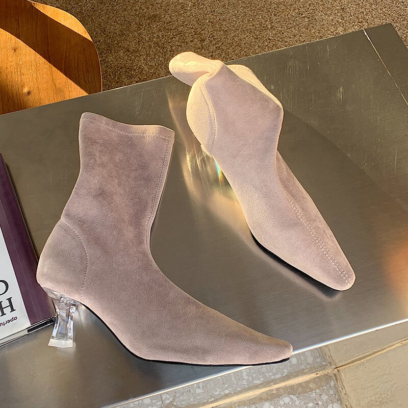 Vintertrending kvinnor plexiglas klackar mocka stövlar spetsiga tå lila sock boots aprikos mid-calf boots dam valentine skor: Elfenben / 8.5