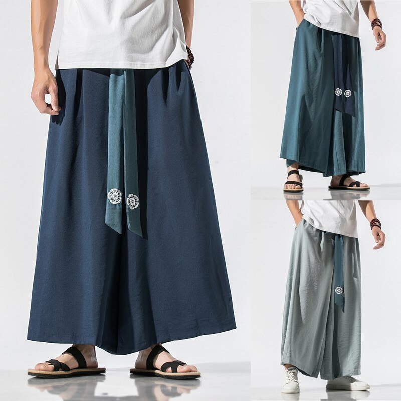 Japanese Traditional Samurai Style Kimono Loose Casual Wide Leg Pants for Men Streetwear Linen Male Solid Trouser Pants