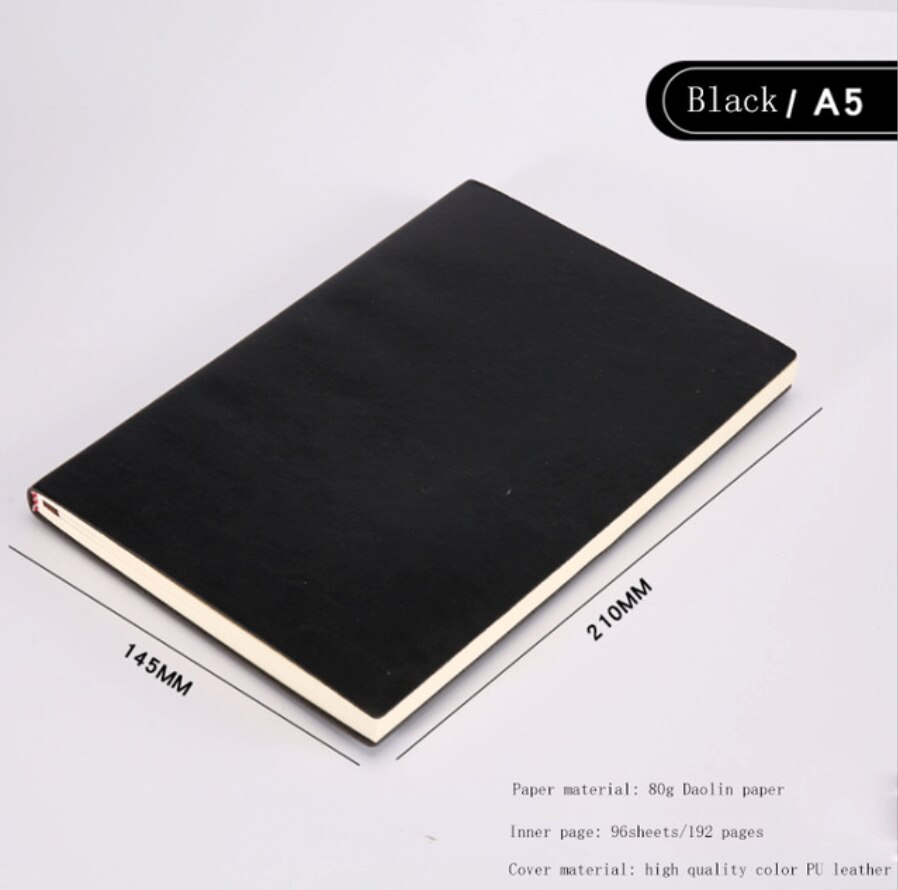 A5 A6 B5 Business increase thick Notebook Office meeting minutes Notepad leather soft copy line pages Diary Stationery: A5 Black