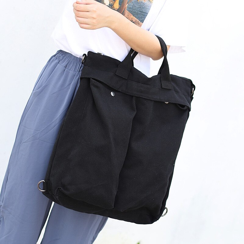 Unisex Multi-functional Canvas Handbag Man Women Big Capcity Multi-pocket Bag School Fabric Eco-friendly Book Bag: Black