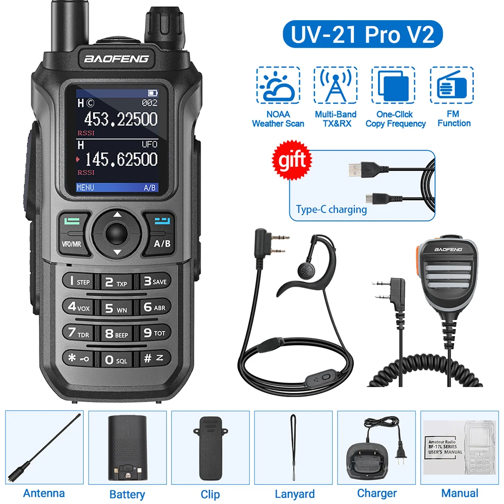 Baofeng UV-21 Pro V2 Wireless Copy Frequency Mutli Band Powerful Waterproof Long Range UV-5R Long Range Type-C Two Way Ham Radio: Yellow / EU