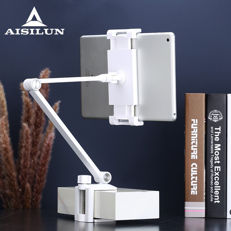 Suporte rotativo para celular com braço longo, altura/ângulo ajustável, liga de alumínio, suporte para tablet, ipad pro: Branco