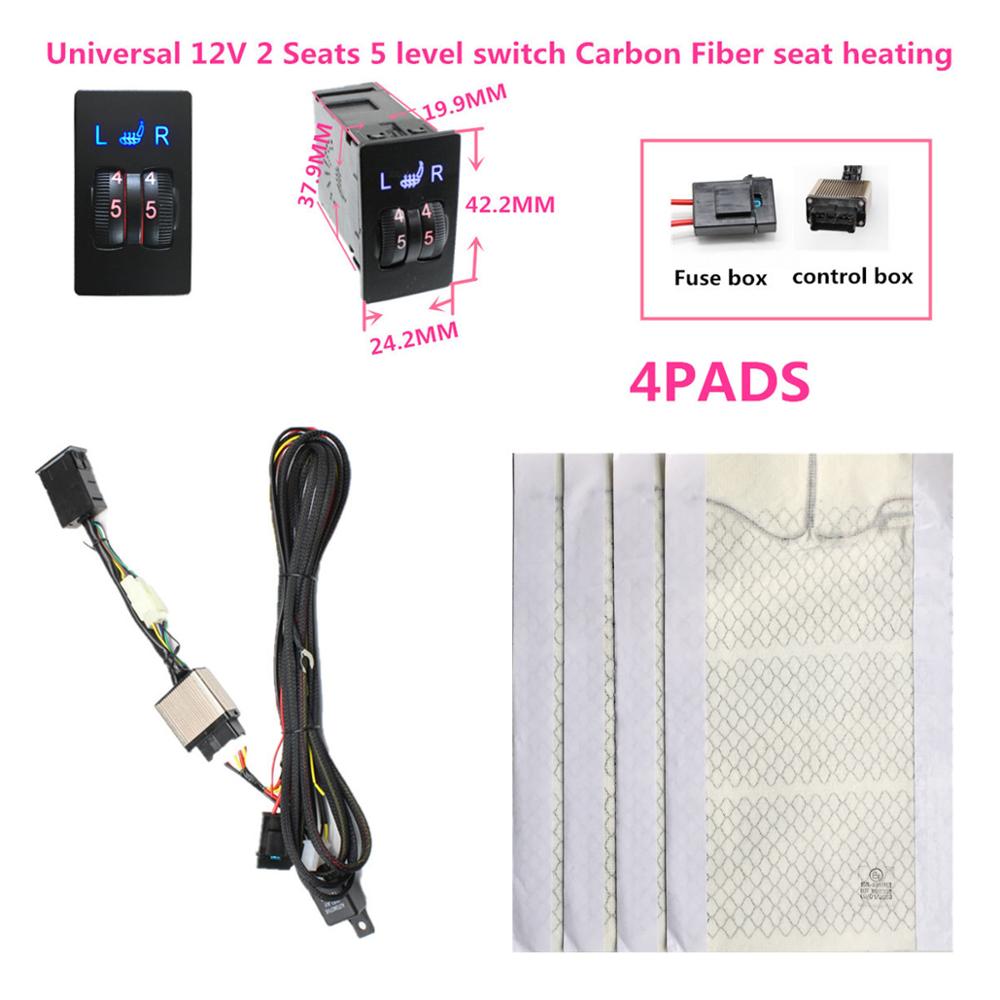 Universele 12 V 2 Zetels 4 Pads Carbon Fiber Verwarmd Stoelverwarming Verwarming 12 V Pads 5 Niveau Schakelaar Winter warmer Stoelhoezen