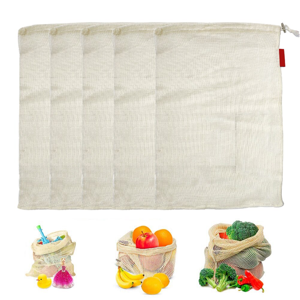 5 stuks afvalvrije boodschappentassen van biologisch katoen met trekkoord, wasbaar, herbruikbaar, voor grote hoeveelheden, 43 x 30cm mesh