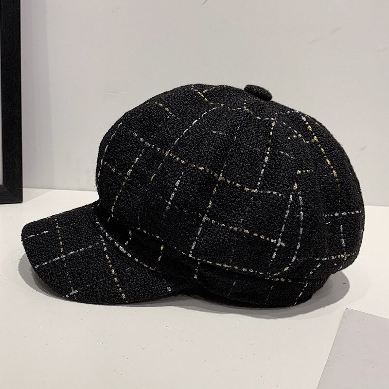 Boina negra para mujer, sombrero octogonal de otoño e invierno, gorra Retro de Pintor británico para mujer, gorra con patrón a cuadros para mujer, gorras, capó Vintage