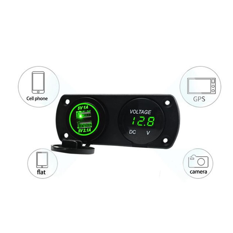 12v-24v dobbel usb-lader + led voltmeter bil usb-uttak bil hurtiglader for motorsykkel bil marine panel modifikasjon