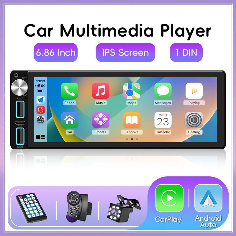 Rádio automotivo 6.86 polegadas carplay android auto 1din reprodutor estéreo de carro vídeo multimídia com bt fm usb tipo-c carga espelho link
