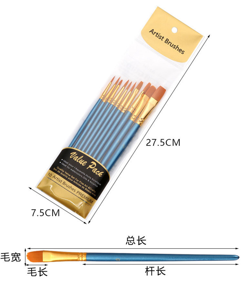 6/10Pcs/set Nylon Hair Blue Wooden Handle Oil Brush Student Watercolor Painting Pen Drawing Art Tool Home DIY Accessory