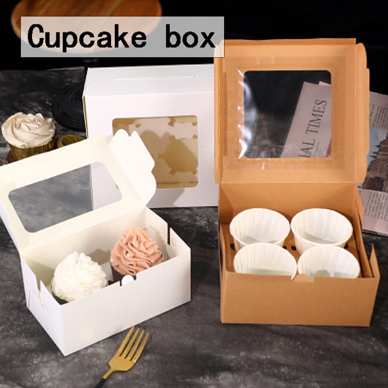 5Pcs Kraftpapier Cupcake Verpakking Doos Met Venster Kartonnen Taart Muffin Cookies Bonbondoos Bruiloft Verjaardag Gunsten 4 maten