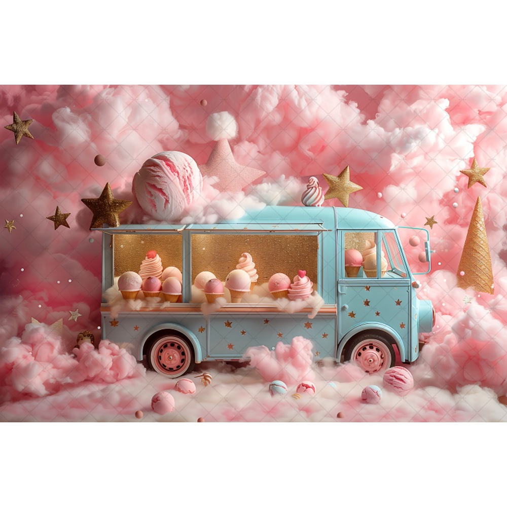 Photography Backdrop Pink Ice Cream Truck Dessert Kids Girls Birthday Poster Cake Smash Decor Background Banner Photo Studio