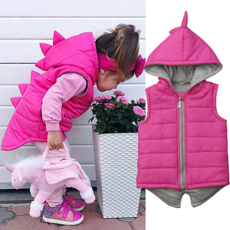 Princess Kids Baby Girl Autumn Winter Dinosaur Hooded Cotton-padded Sleeveless Vests Jacket Waistcoat Coat Outwear