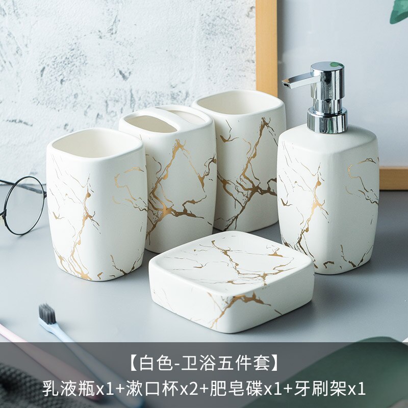 Marmer Keramiek Badkamer Set 5Pcs Zeepdispenser/Tandenborstel Houder/Tumbler/Zeepbakje Lade Badkamer Decoratie accessoires