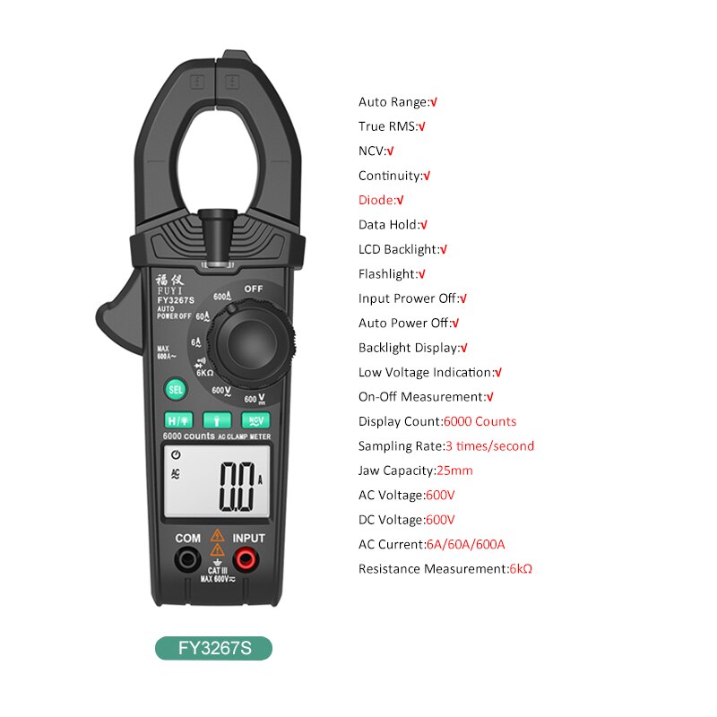True rms clamp meter amperemeter bilreparation digital multimeter dc ac strøm volt modstand kondensator tester: Fy3267s