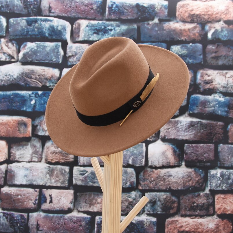 Gemvie 100%  uldfilt hat 3 farver stiv bred rand fedora til mand/kvinder stribet fjerbånd efterår vinter panama jazz cap