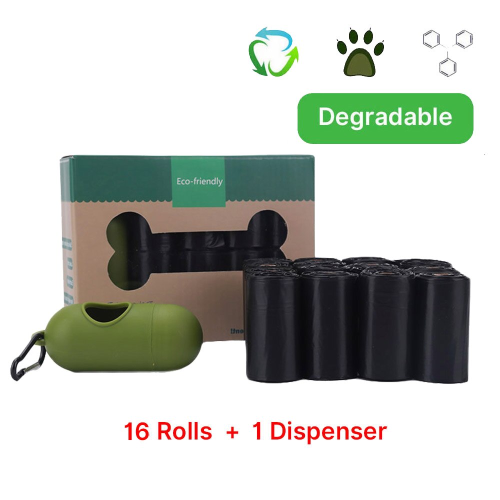 Biologisk nedbrydelige hundepokposer miljøvenlig kæledyrsaffaldsdispenser udendørs transportør kæledyrspokeposer tilbehør til hundevandring: 16 ruller sort