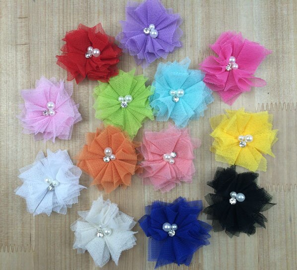 10 stks/partij 2.5 ''Mini Tulle Mesh Bloemen Met Strass Pearl Center Poof Bloemen Hoofdband Haar Accessoires
