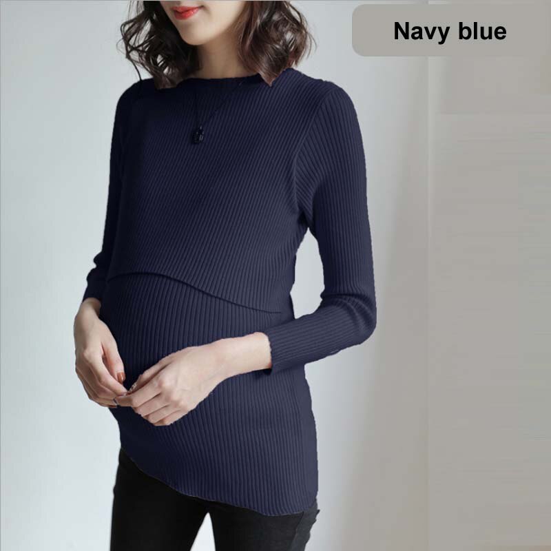 Zwangerschapskleding lange mouwen dames tops slanke voedingskleding herfst winter dames trui comfortabele zwangerschapsoutfit: Diepblauw