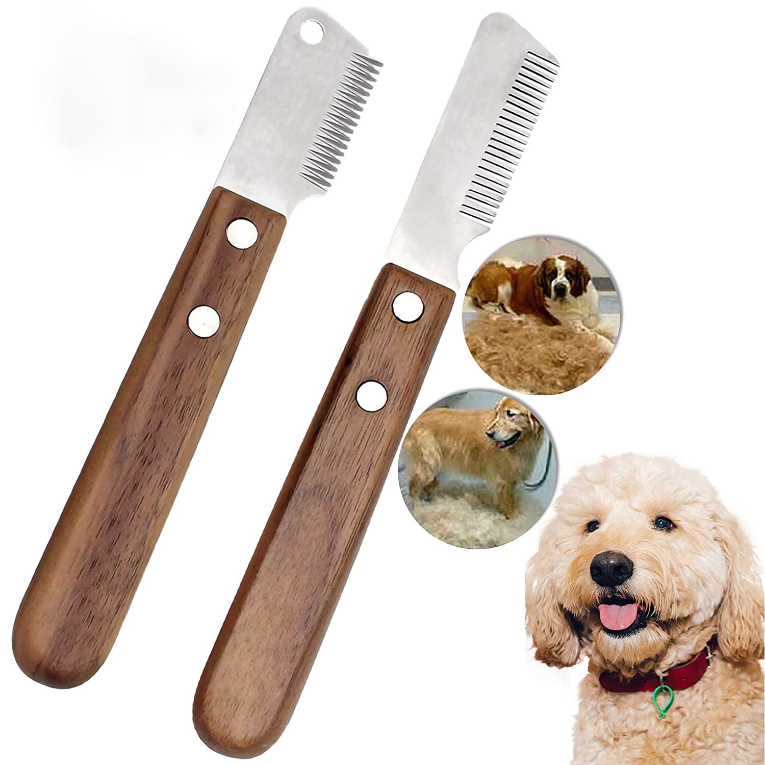 Couteau d&#39;épilation pour animaux de compagnie, peigne en acier inoxydable pour chiens et chats, manche en bois, brosse dépilatoire, perte de poils, outils de toilettage pour chiens et chats
