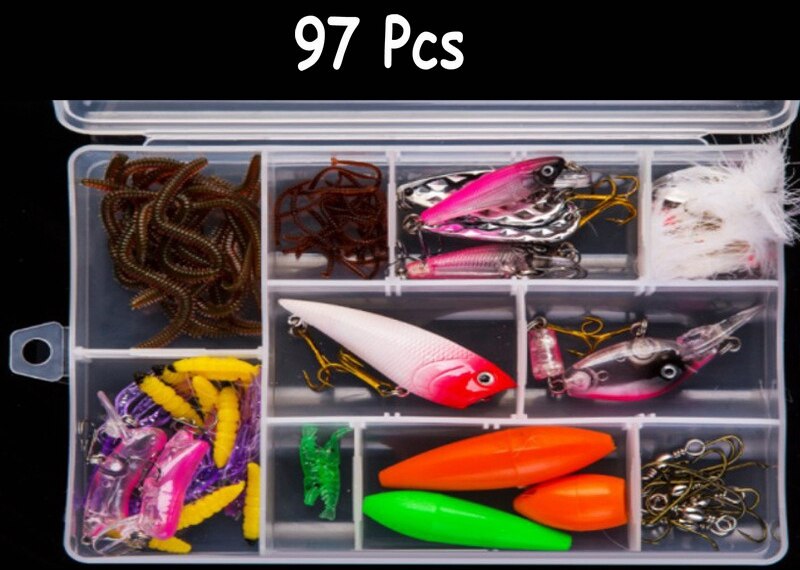 Multi fiskeri lokkesæt spinner crankbait minnow popper vib blød hård ske crank lokkemad fiskekroge tilbehør til redskabsboks: 97 stk-l