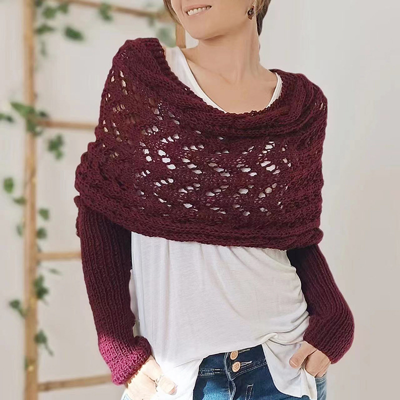 trenzado, envoltura de manga con mangas, Color sólido, patrón de ganchillo con giro hueco, chal para mujer, bufanda, suéter de estilo bohemio: Color vino