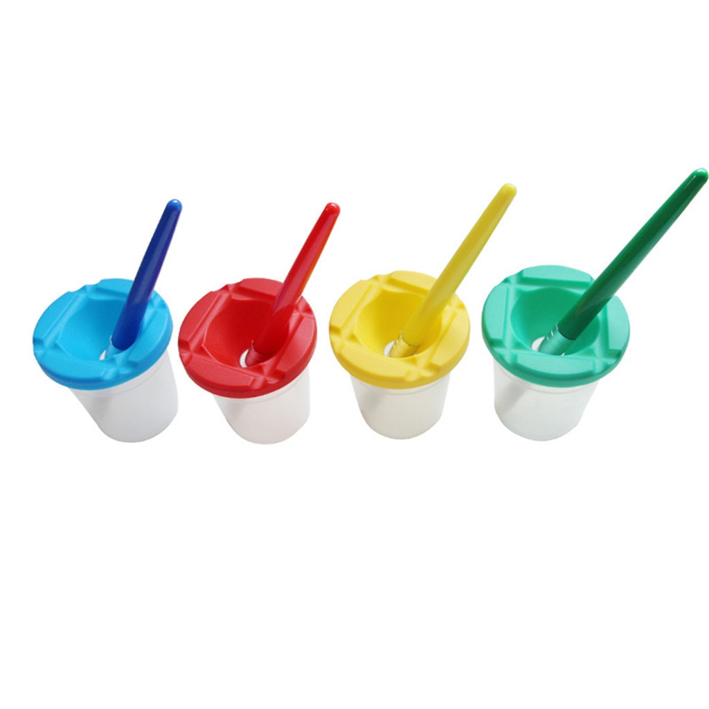 Juego de brochas de pintura para niños, set de 4 pinceles de cerdas para pintura acrílica Gouache, con taza de cubo de lavado, con agua y aceite, suministro de arte