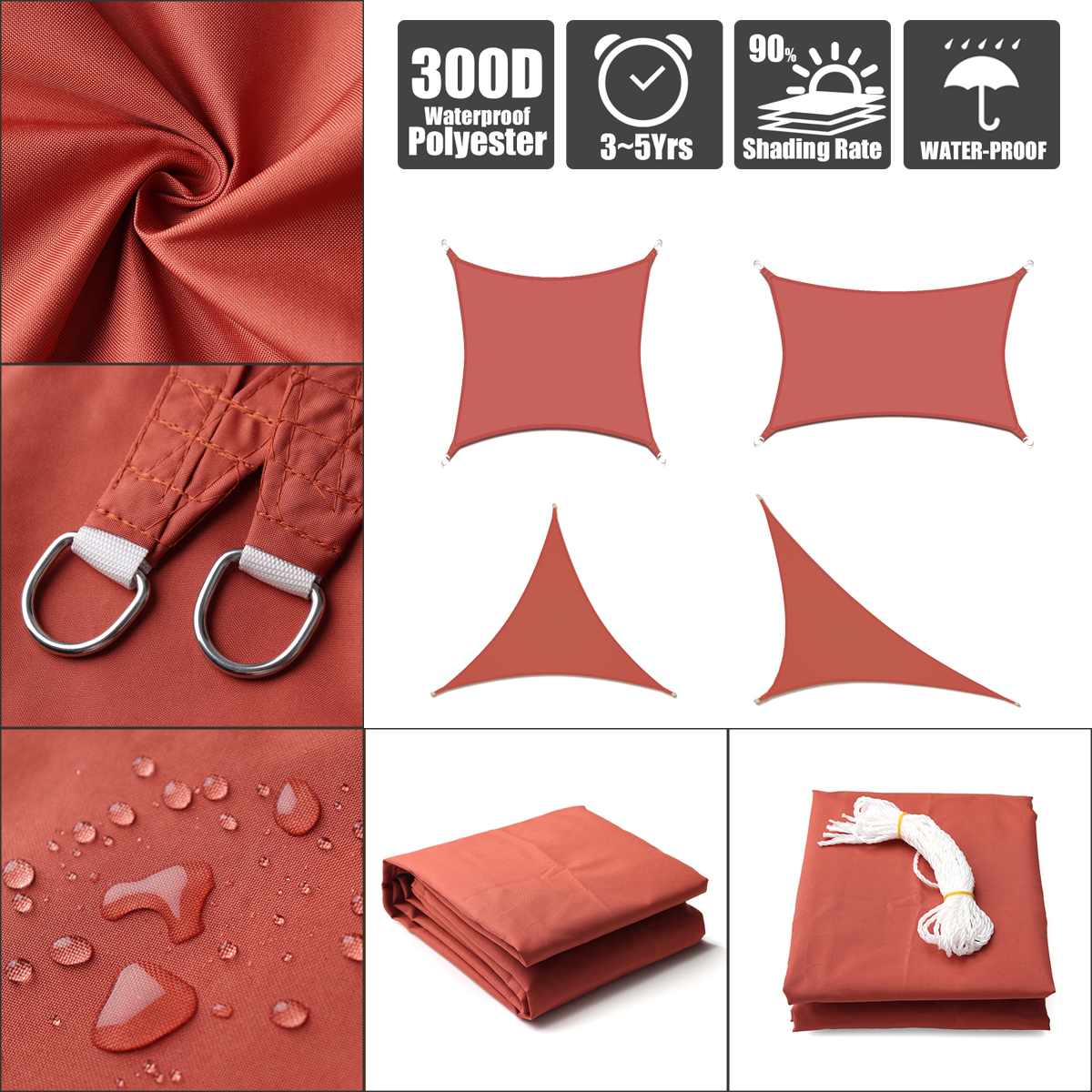 2.5x2.5 3x3 4x4 2x3 2x4 Rust Red Rectangle Square 300D 160GSM Polyester Oxford Fabric Shade Sail Sun