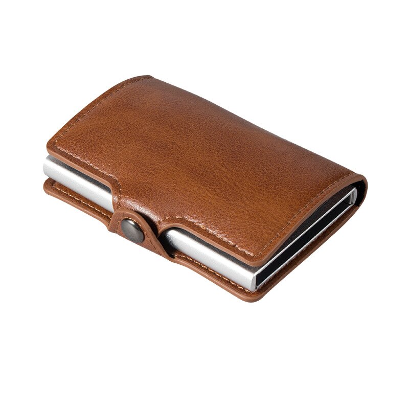 SEEKRID – porte-cartes en cuir souple, blocage RFID, porte-cartes de crédit en métal en aluminium, étui mince pour cartes, Mini portefeuille avec poche: light brown