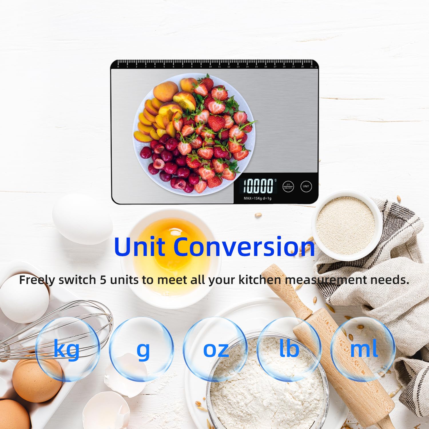 Madvægt 33lb/15kg digital køkkenvægt til mad, ounces og gram, madlavning, bagning, 1g/0.1oz præcise grader, usb-genopladelig