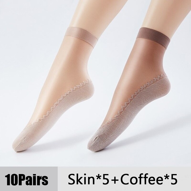Calcetines de seda de terciopelo para mujer, medias de algodón con suela suave antideslizante para masaje, antideslizantes, de verano, 10 pares: Skin Coffee