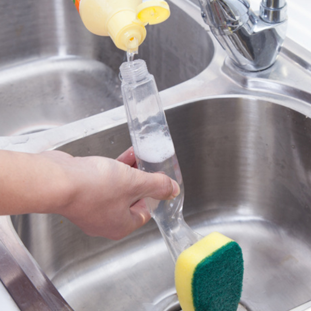 Spazzola per la pulizia del manico lungo del sapone con testina rimovibile Dispenser di sapone in spugna Set di spazzole per il lavaggio dei piatti utensili da cucina