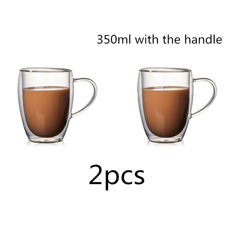 Dobbeltvegget Glasskopp Sett 80-450ml - Håndlaget Te, espresso Krus - Gjennomsiktig: 2 stk -350ml håndtak