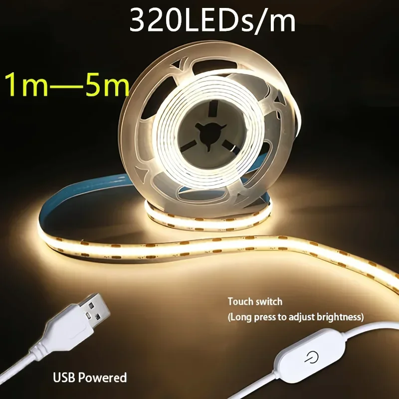 Usb 5v cob led-stripelys berøringssensorbryter dimbar diodelys for hjemmet julelys hjem rom festdekor