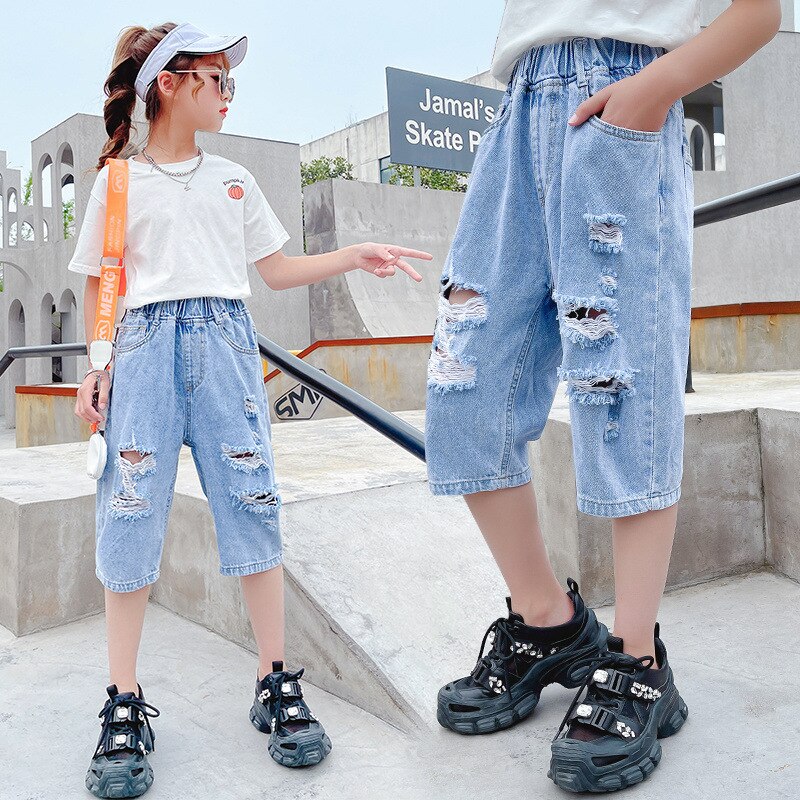 jugendlich Mädchen Kurze Jeans Elastische Taille Sommer Neue Ankünfte Koreanische Beliebte Dünne Denim See Zerrissene Hosen Für freundlicher 3-12 jahre