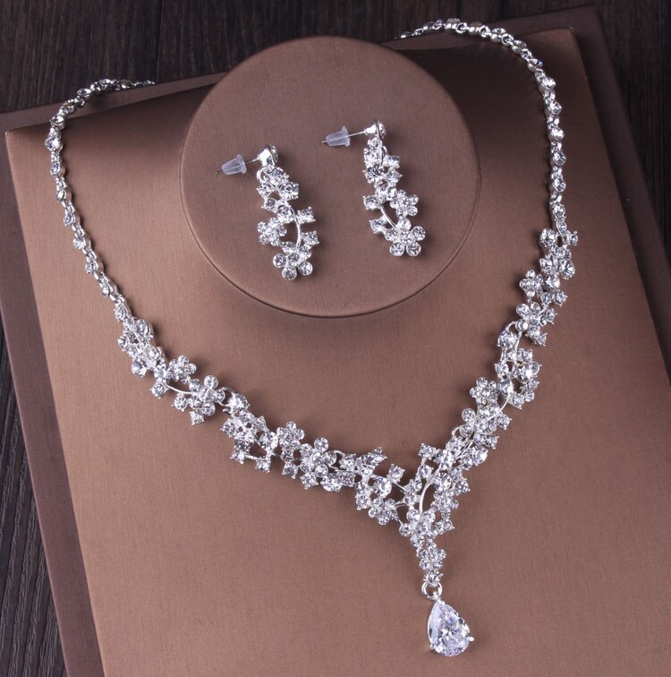 Folhas de luxo Contas de Cristal Conjunto De Jóias de Noiva Strass Coroa Tiara Colar Brincos Set Casamentos Beads Africanos Conjuntos de Jóias