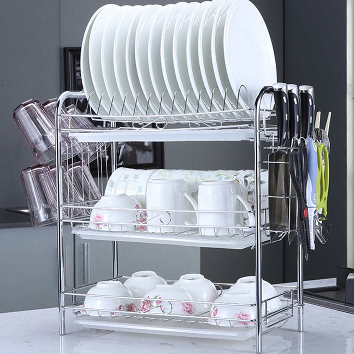 2/3 Tiers Dish Drying Rack Holder Basket Plated Iron Home Washing Great Kitchen Sink Dish Drainer Drying Rack Organizer Black: D 3 Tiers