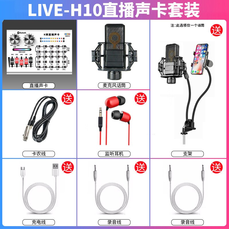 H10 del Suono Dal Vivo Insieme di Carta Del Telefono Mobile Del Microfono Del Computer Boccaglio di Ancoraggio Chiamata di Grano Apparecchi di Registrazione per Tutti I K Canzone Utile: Package 1  H10 Sound Card   Large Diaphragm   Headset   MV Holder