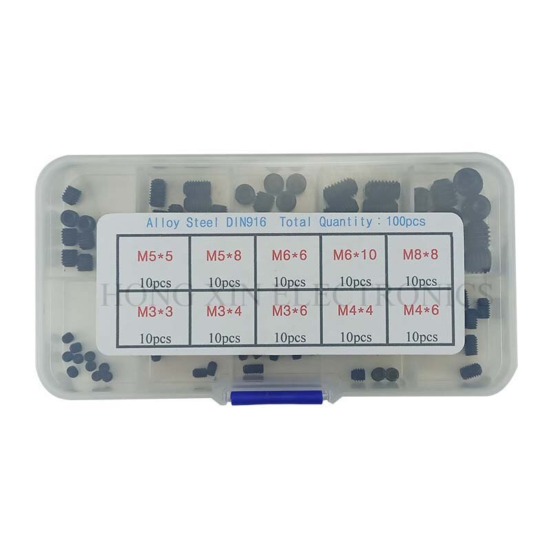 100pcs Alloy steel Hex Socket Set Screws Grub Screw Fastening M3/M4/M5/M6/M8 Kit