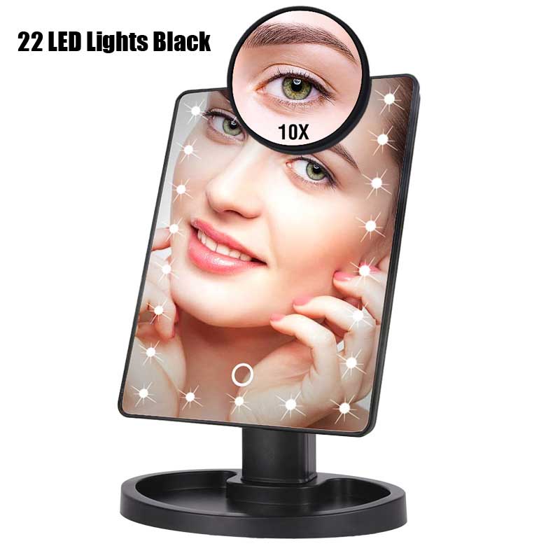22 Led Light Touch Screen Make-Up Spiegel 10X Vergrootglas Compacte Spiegel Flexibele Cosmetica Spiegels: 22LEDs Black A