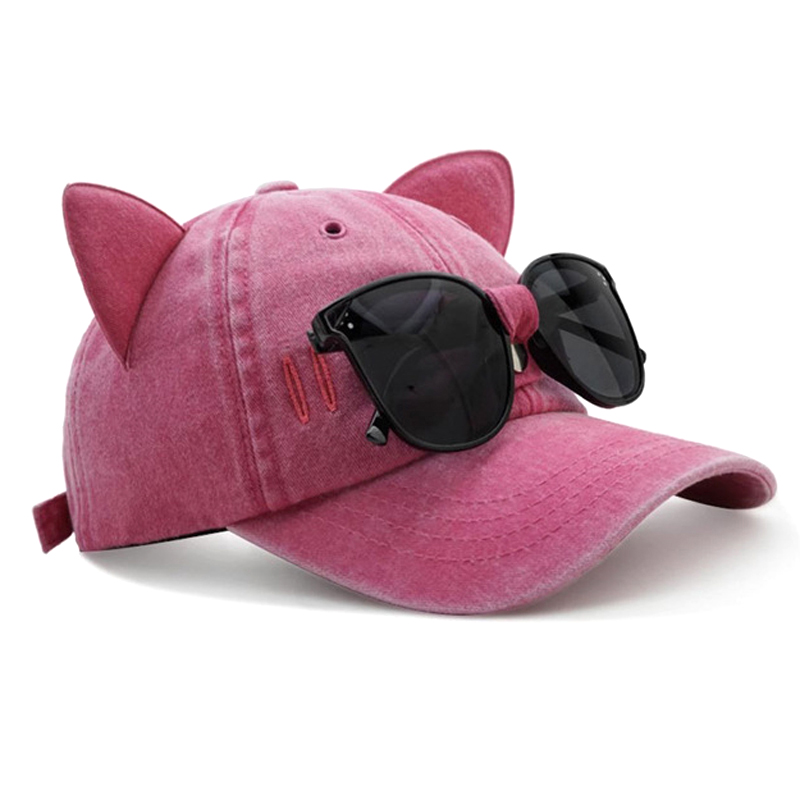 Meisjes Kattenoren Zonnebril Roze Baseballpet Ins Persoonlijkheid In Trendy Coole Meisjespet Gewassen Retro Katoenen Honkbalhoed: Rood
