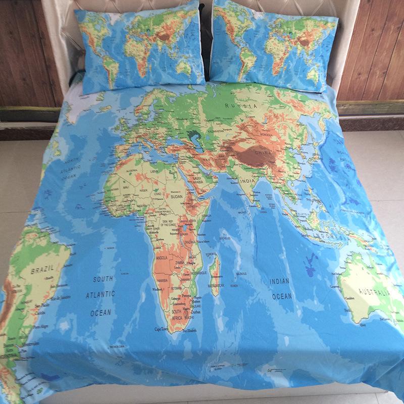 Blauwe wereldkaart beddengoedset met bedrukt dekbedovertrek met kussensloop, twill queen king huishoudtextiel, eenpersoonsmaten 3 stuks