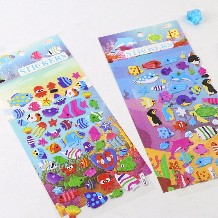4 vellen/set stickers met zeedieren, cartoonvissen, schattige stickers met 3d bubbels, plakboek voor jongens- en meisjeskamerdecoratie