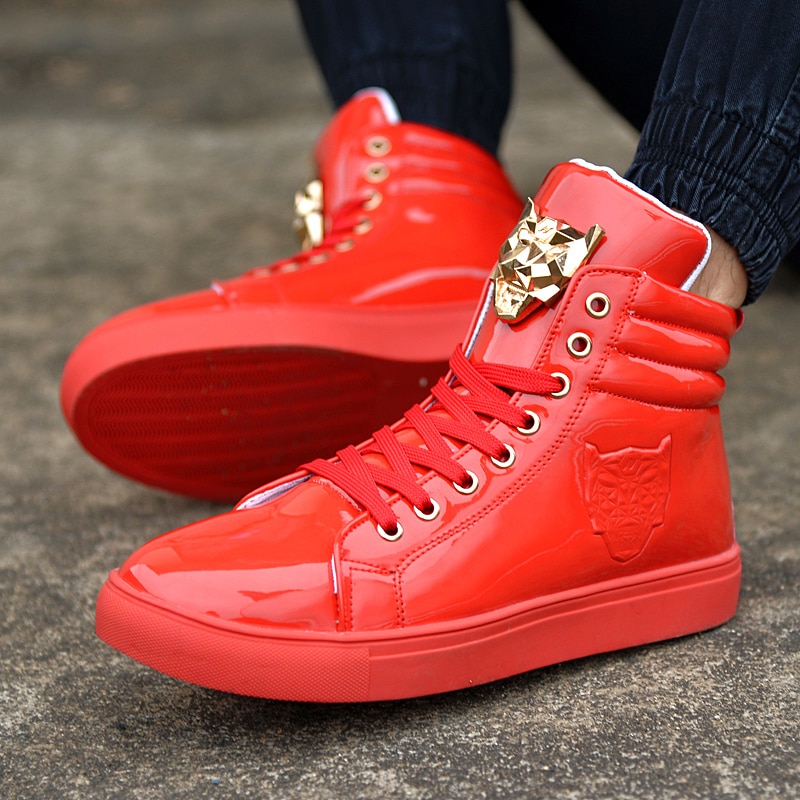 Seje mænd high top mænd guld glitter krasovki sneakers bling platform flats sko mand blank vulkaniseret leopard hoved sko