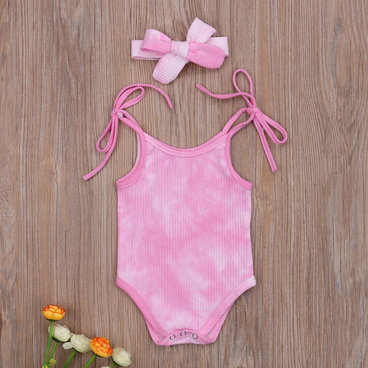 2 stuks babymeisjes jongens tie-dye mouwloze riem bodysuits hoofdband bedrukte jumpsuits 0-24m